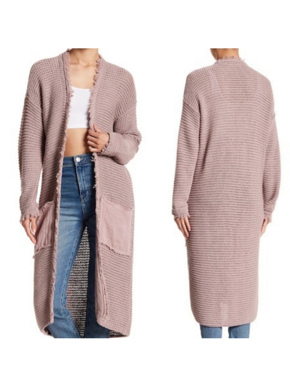 Free People Long Open-Front Cardigan in Dusty Mauve